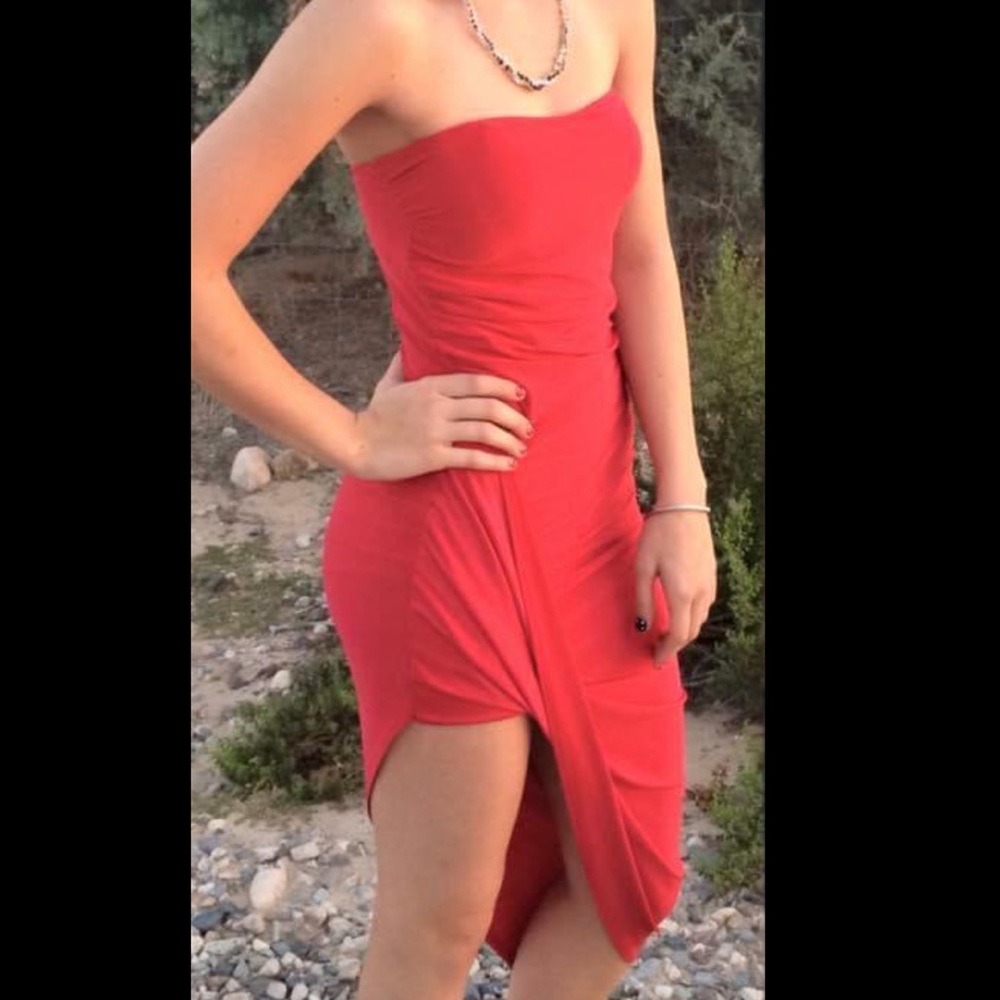 Red strapless dress